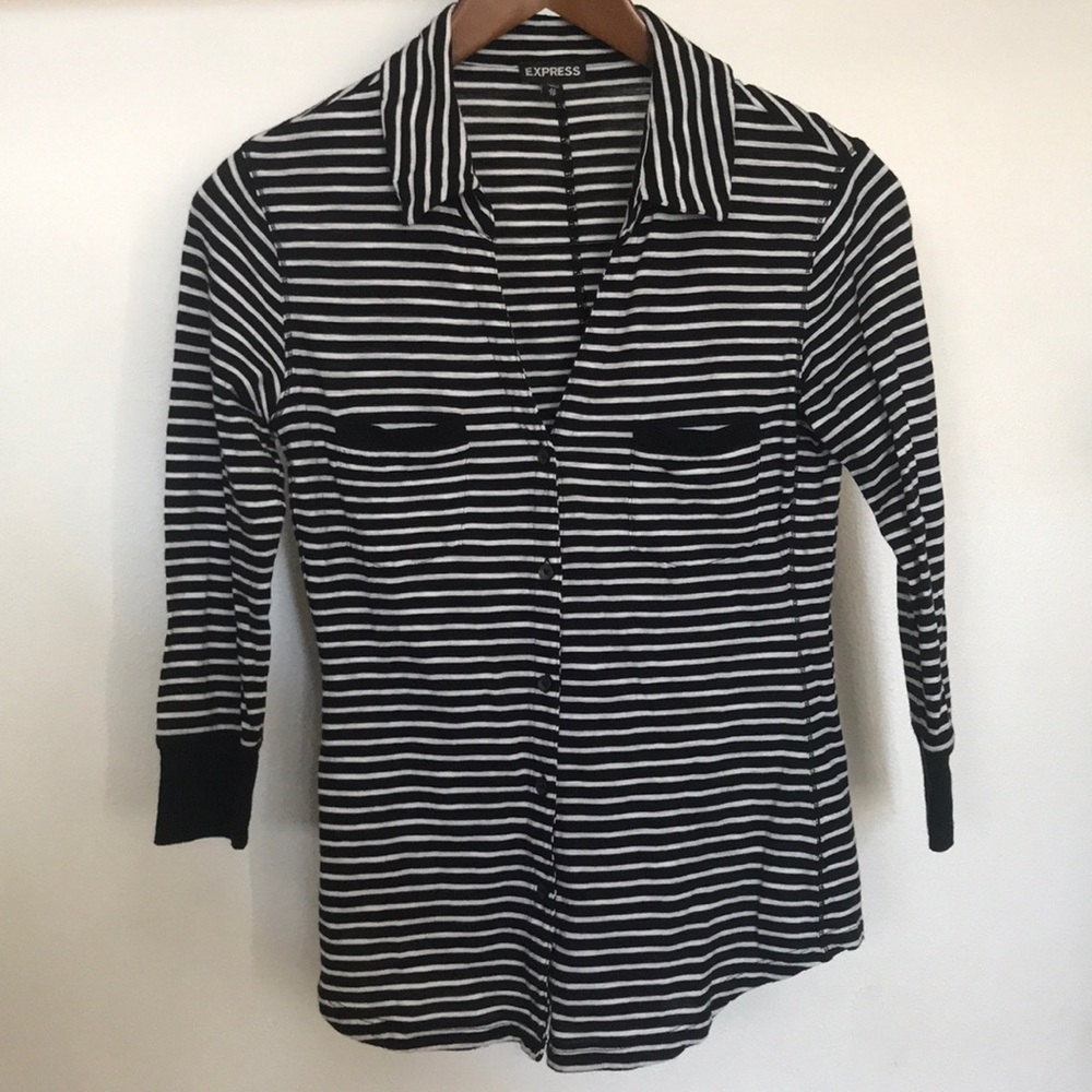 Express Striped 3/4 Sleeve Button Up